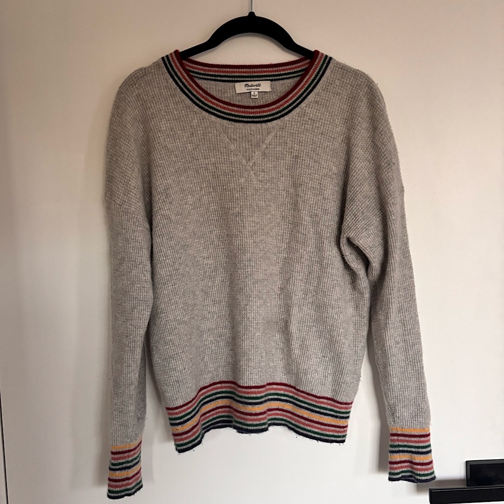 Madewell Gray Cashmere Sweater with Rainbow Trim, small